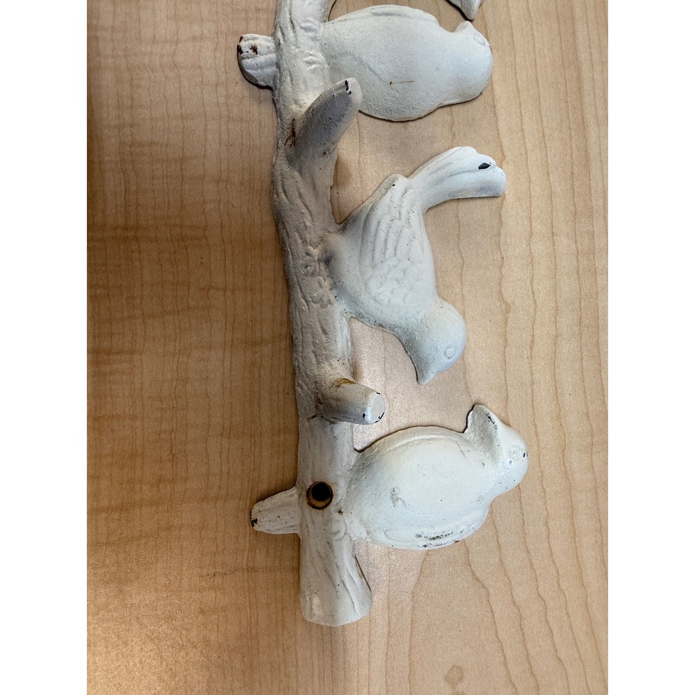Vintage Style Cast Iron Birds on Branch Wall Hook Rack White Distressed 19 Inch - Picture 3 of 15